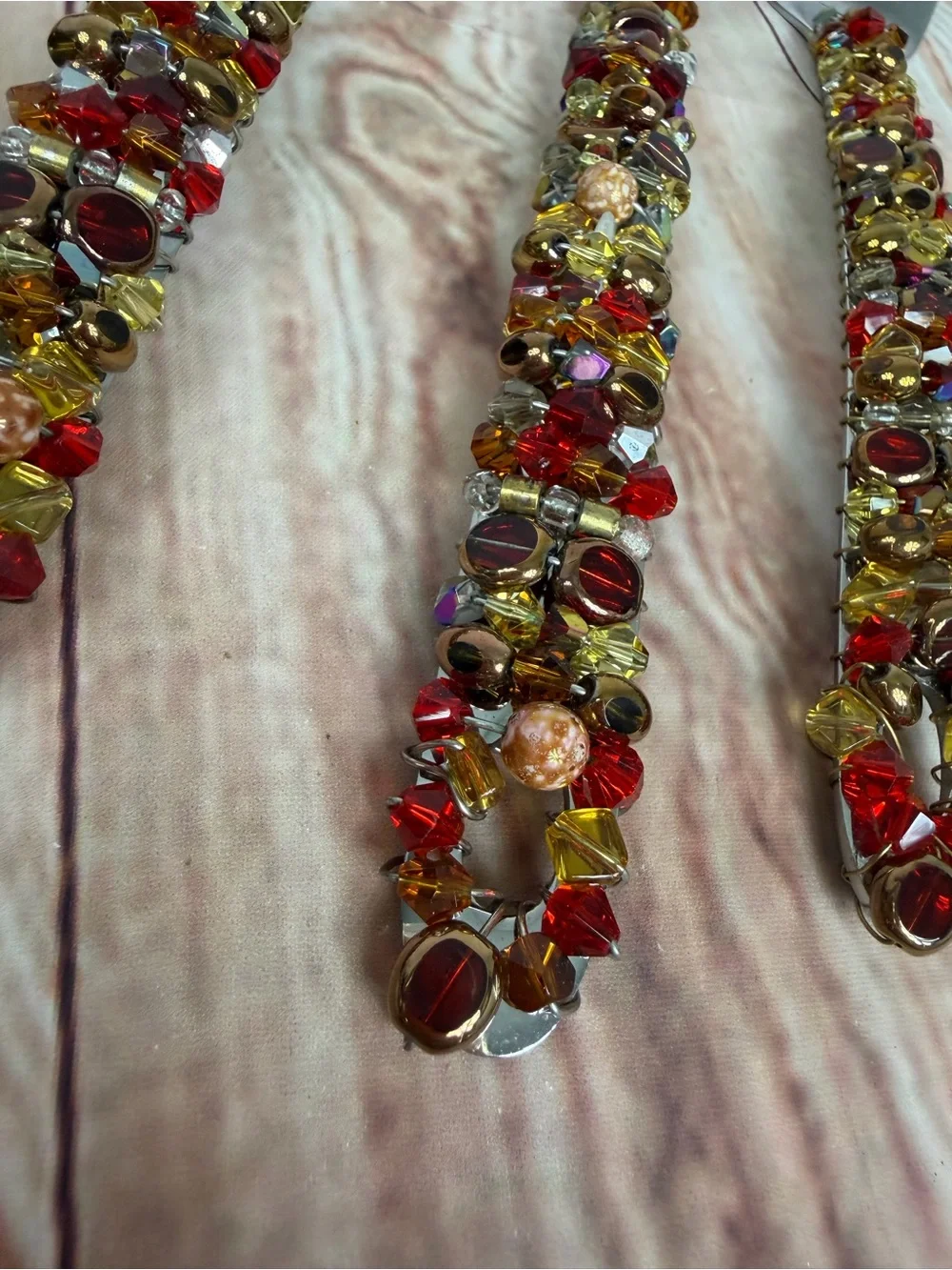 Oneida Beaded Handle Serving Spoon and Fork Set in Red and Gold